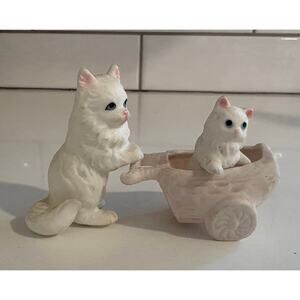3-Piece Bone China Set of Cat and Kitten in Stroller made in Japan